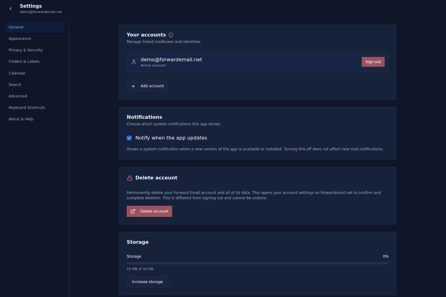 Dark mode general settings page