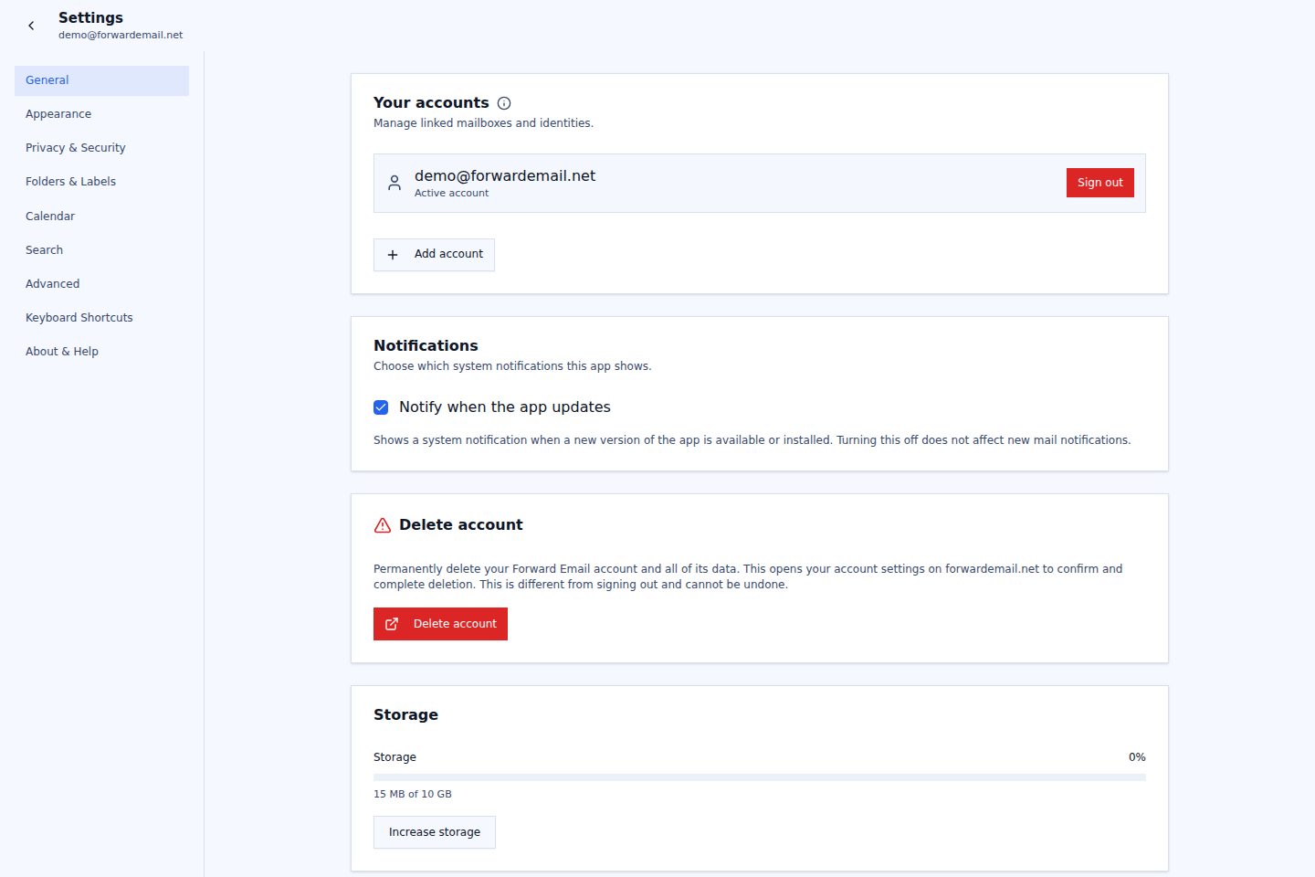 Light mode general settings page