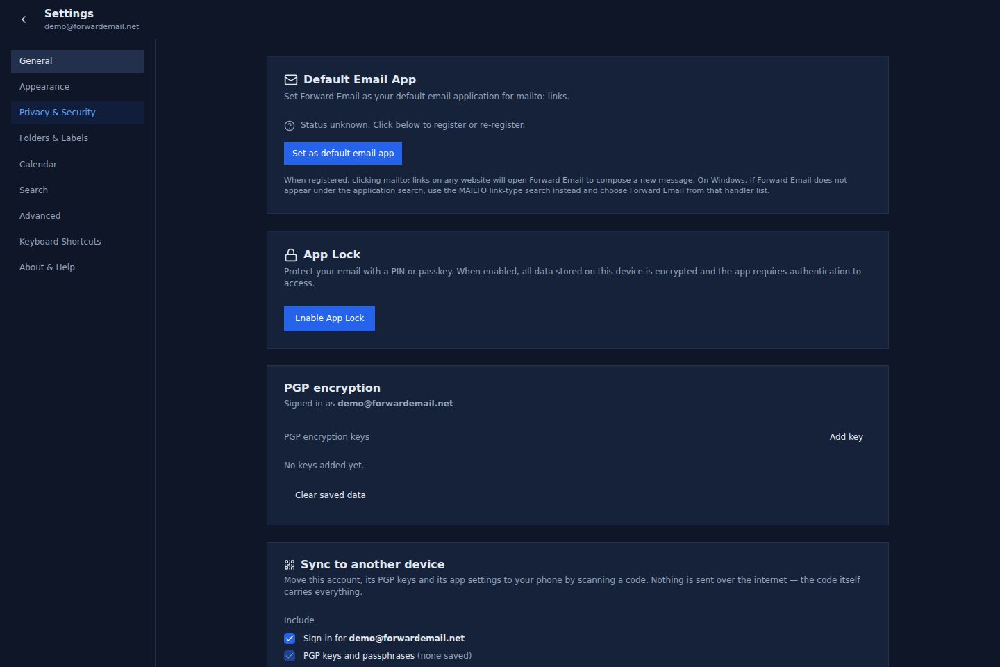Dark mode privacy and security page