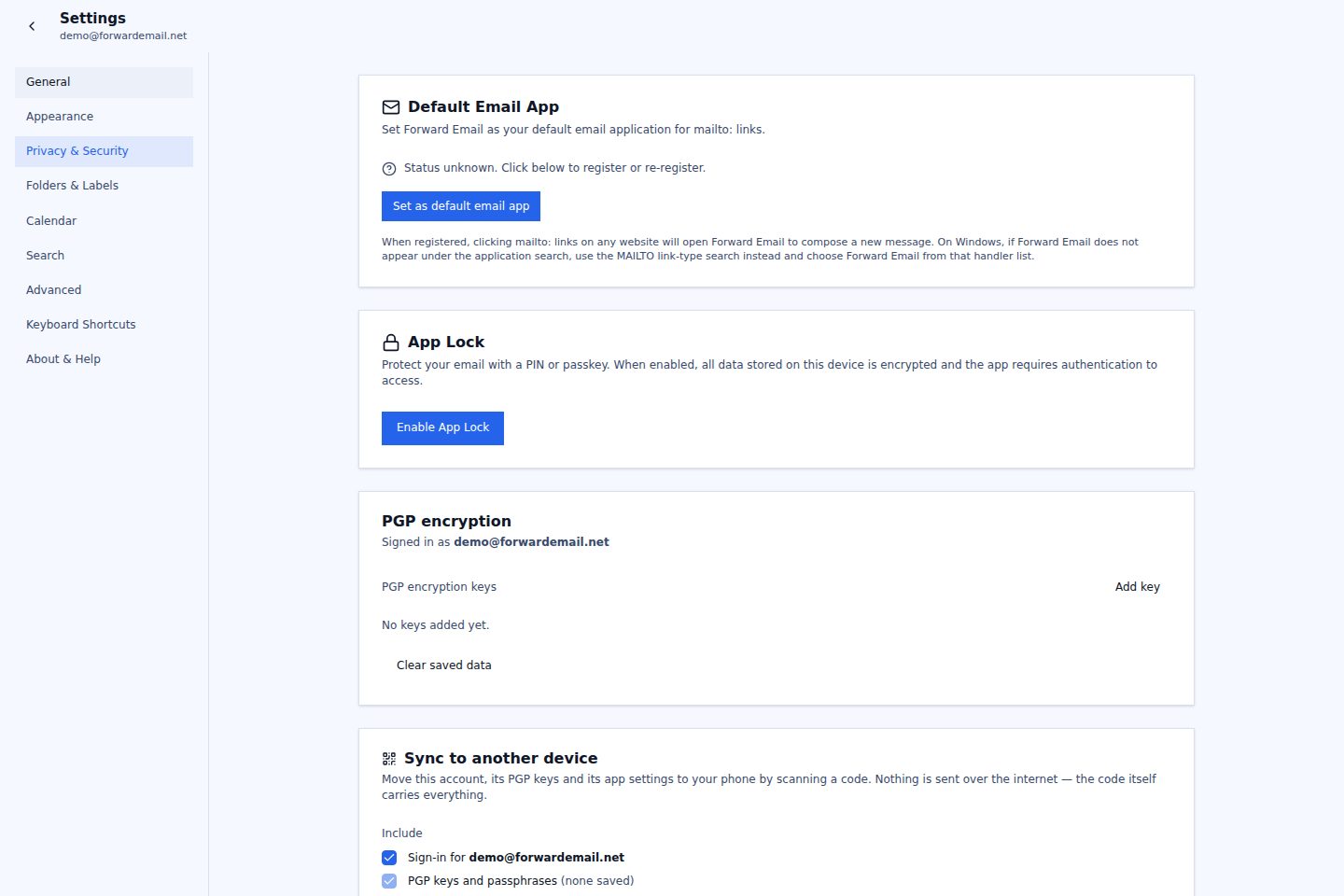 Light mode privacy and security page