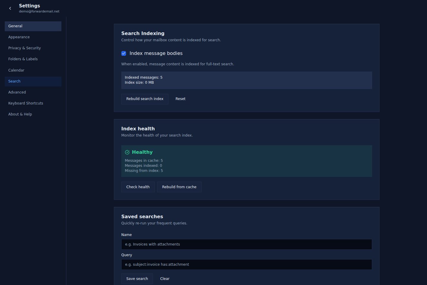 Dark mode search settings page