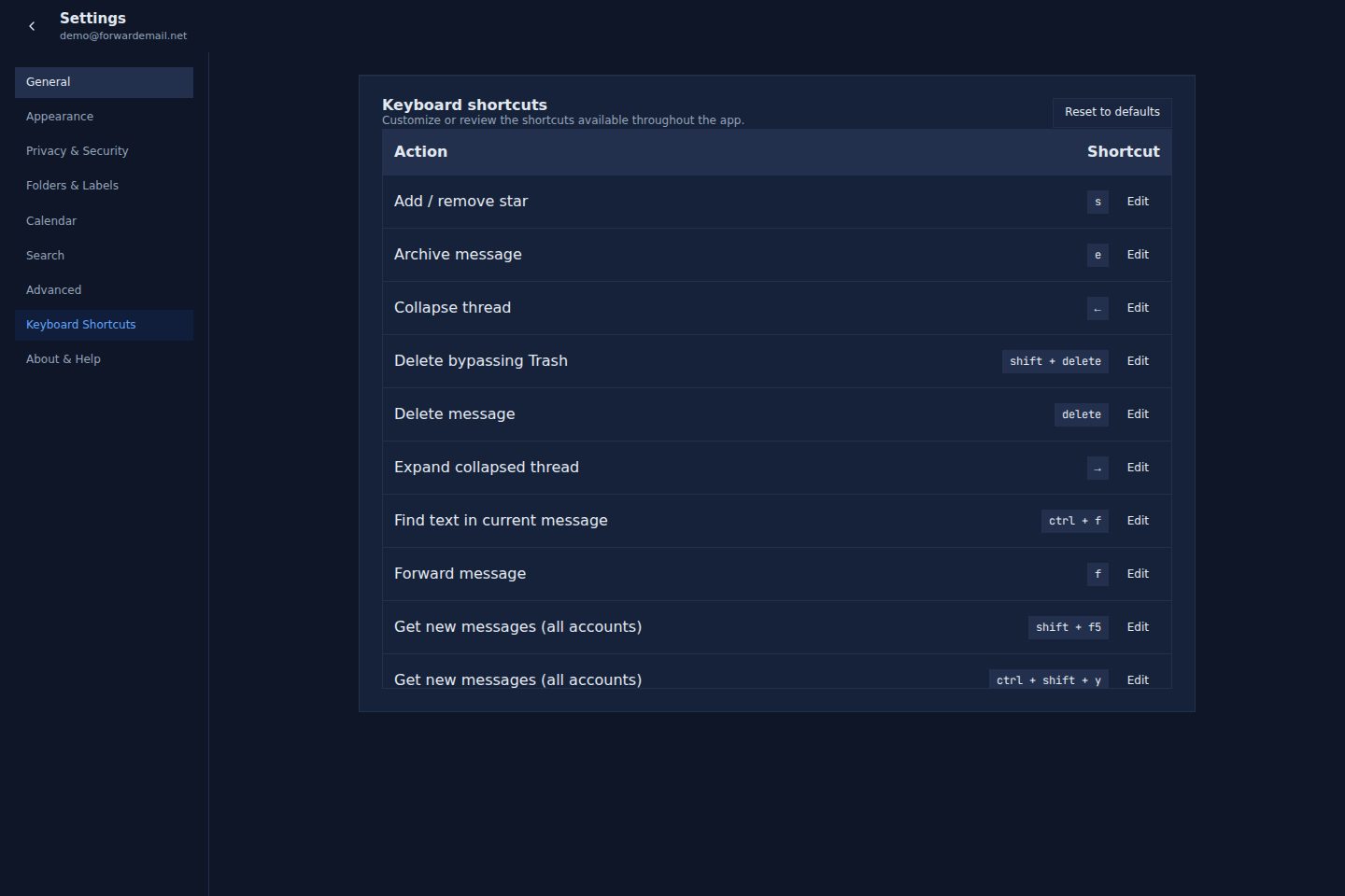 Dark mode keyboard shortcuts page
