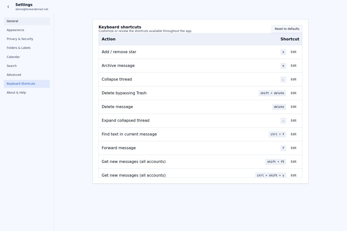 Light mode keyboard shortcuts page