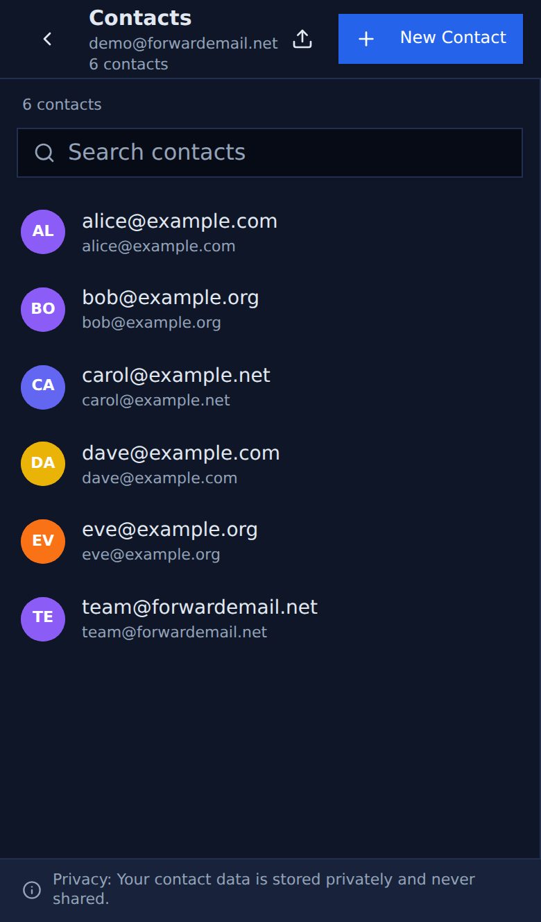 Dark mode mobile contacts page