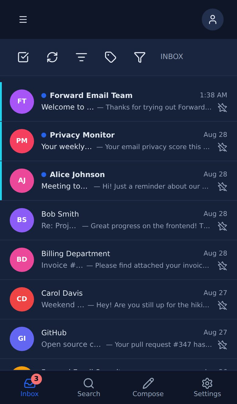 Dark mode mobile mail view