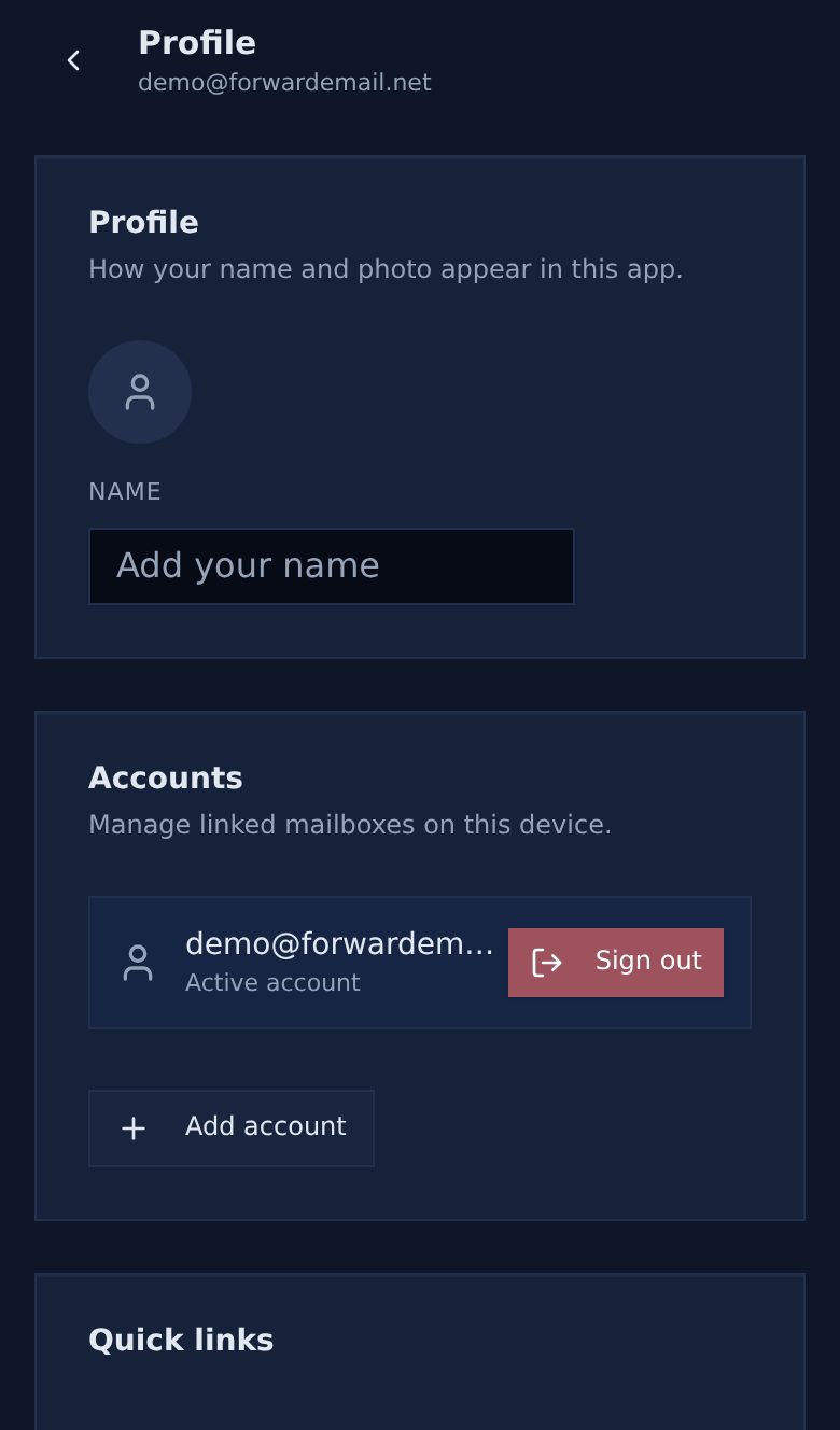 Dark mode mobile profile page