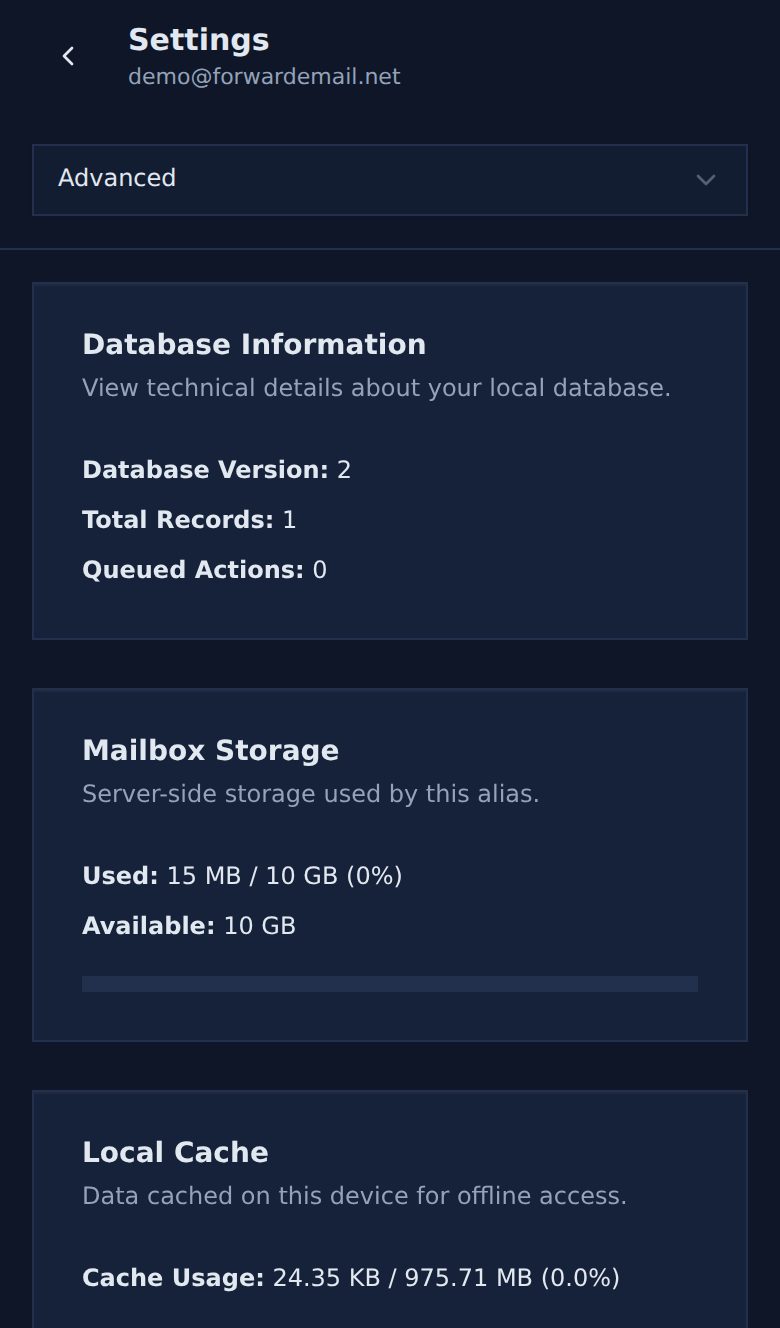Dark mode mobile advanced settings page