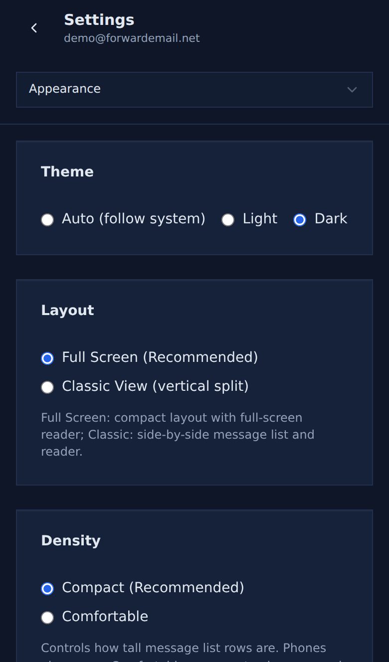 Dark mode mobile appearance settings page