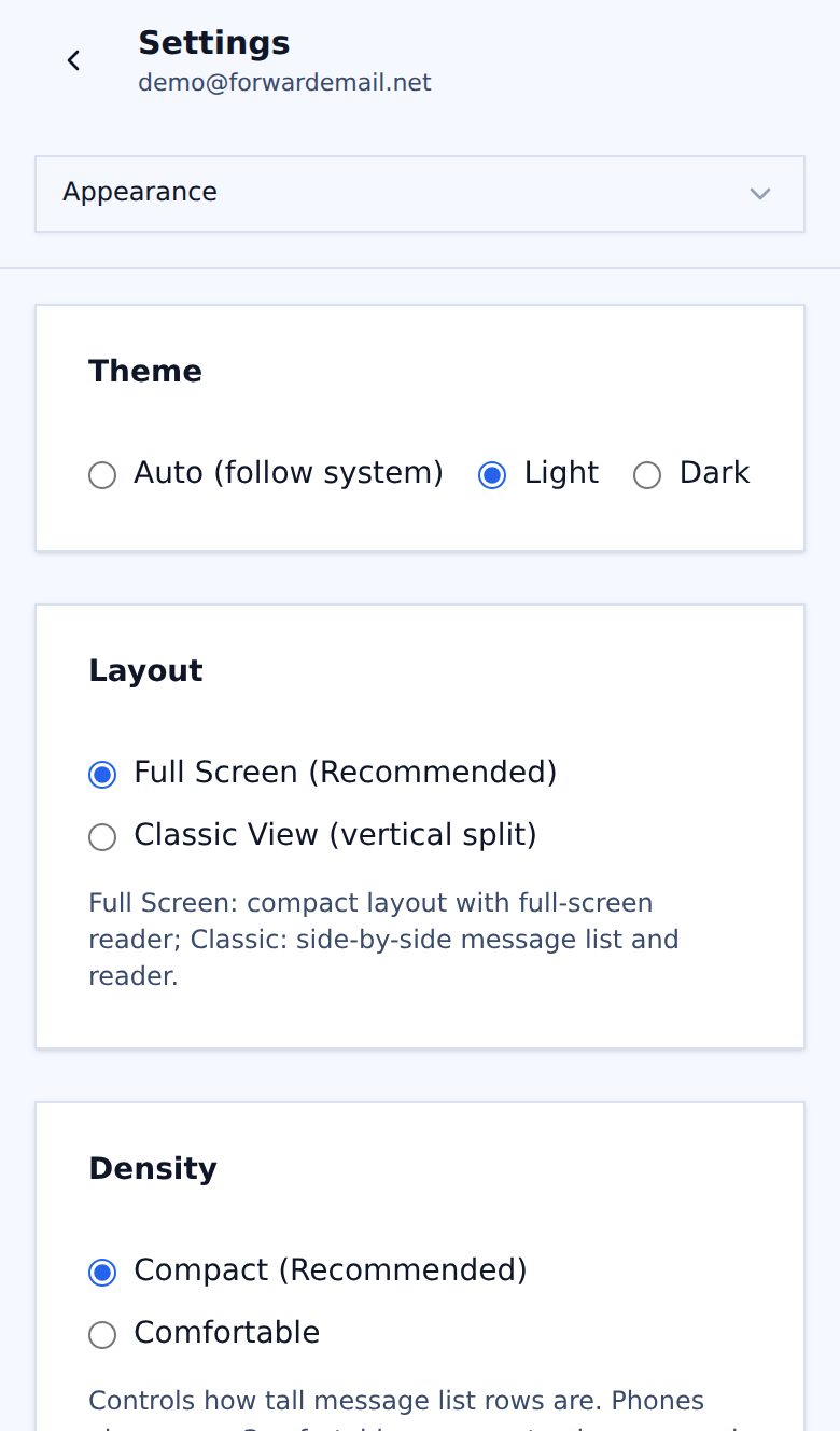 Light mode mobile appearance settings page