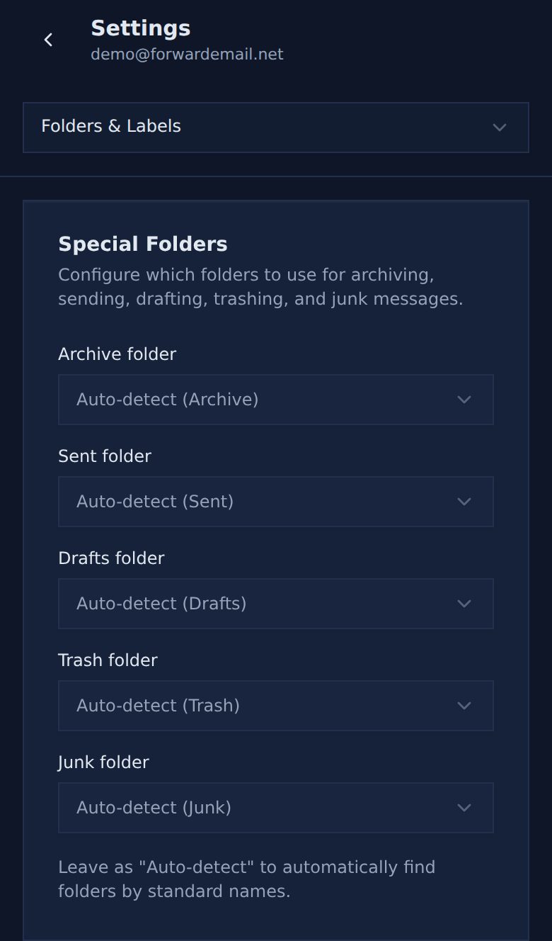 Dark mode mobile folders and labels settings page