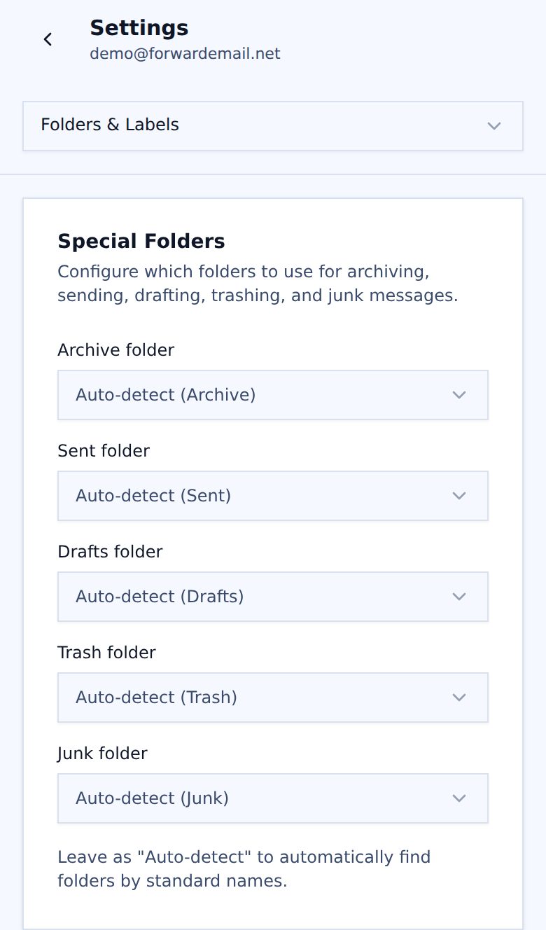 Light mode mobile folders and labels settings page