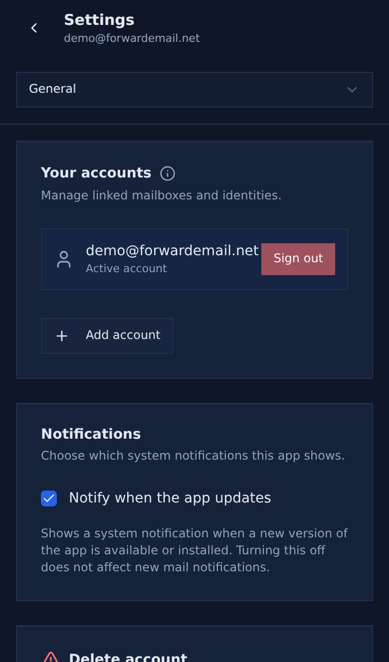 Dark mode mobile general settings page