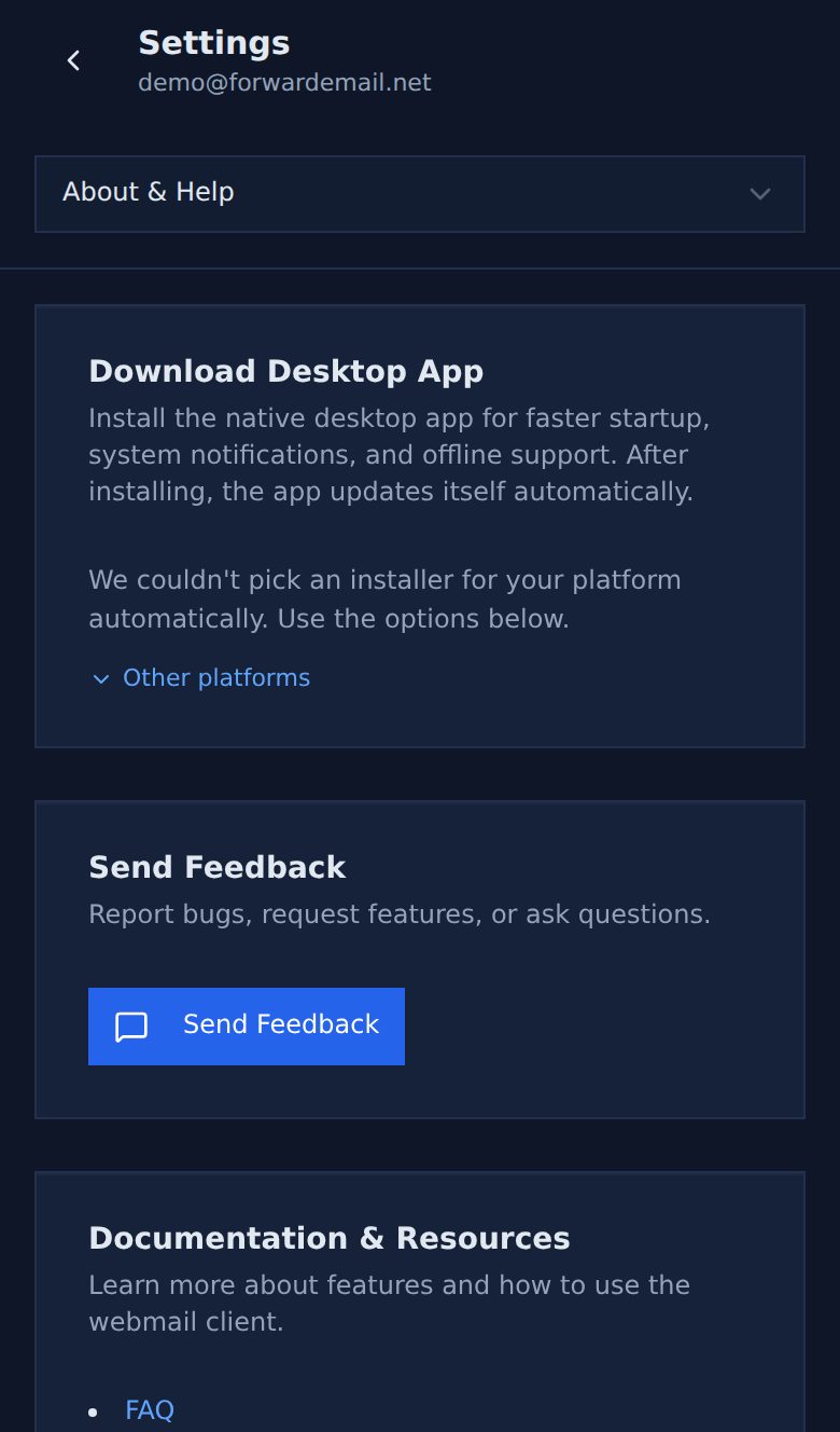 Dark mode mobile about and help page