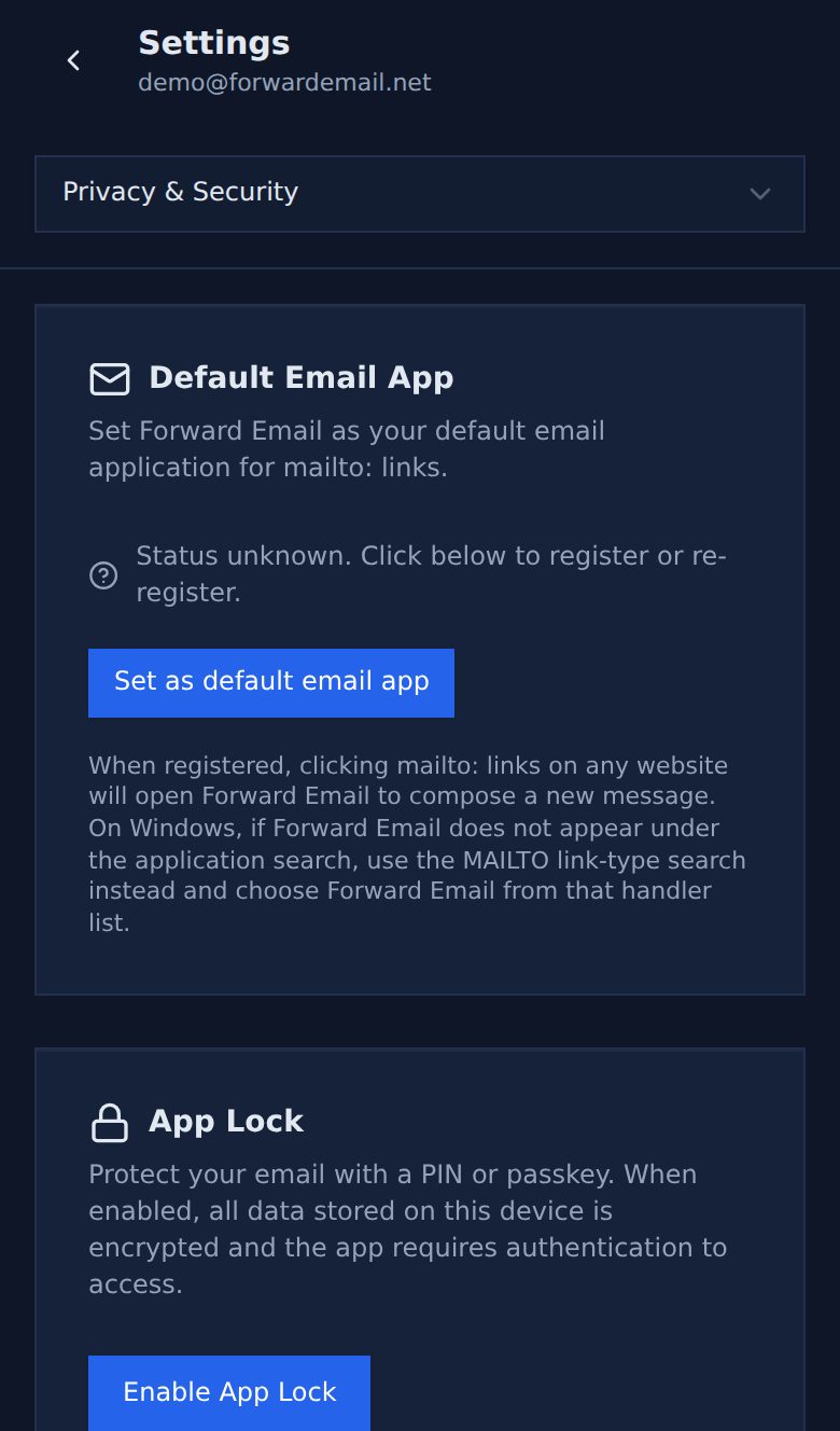 Dark mode mobile privacy and security page