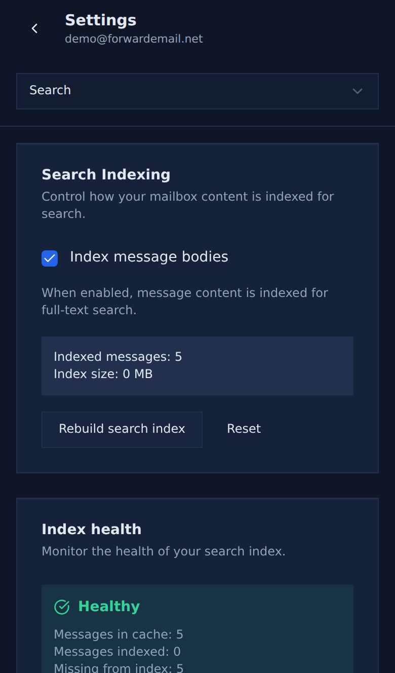 Dark mode mobile search settings page