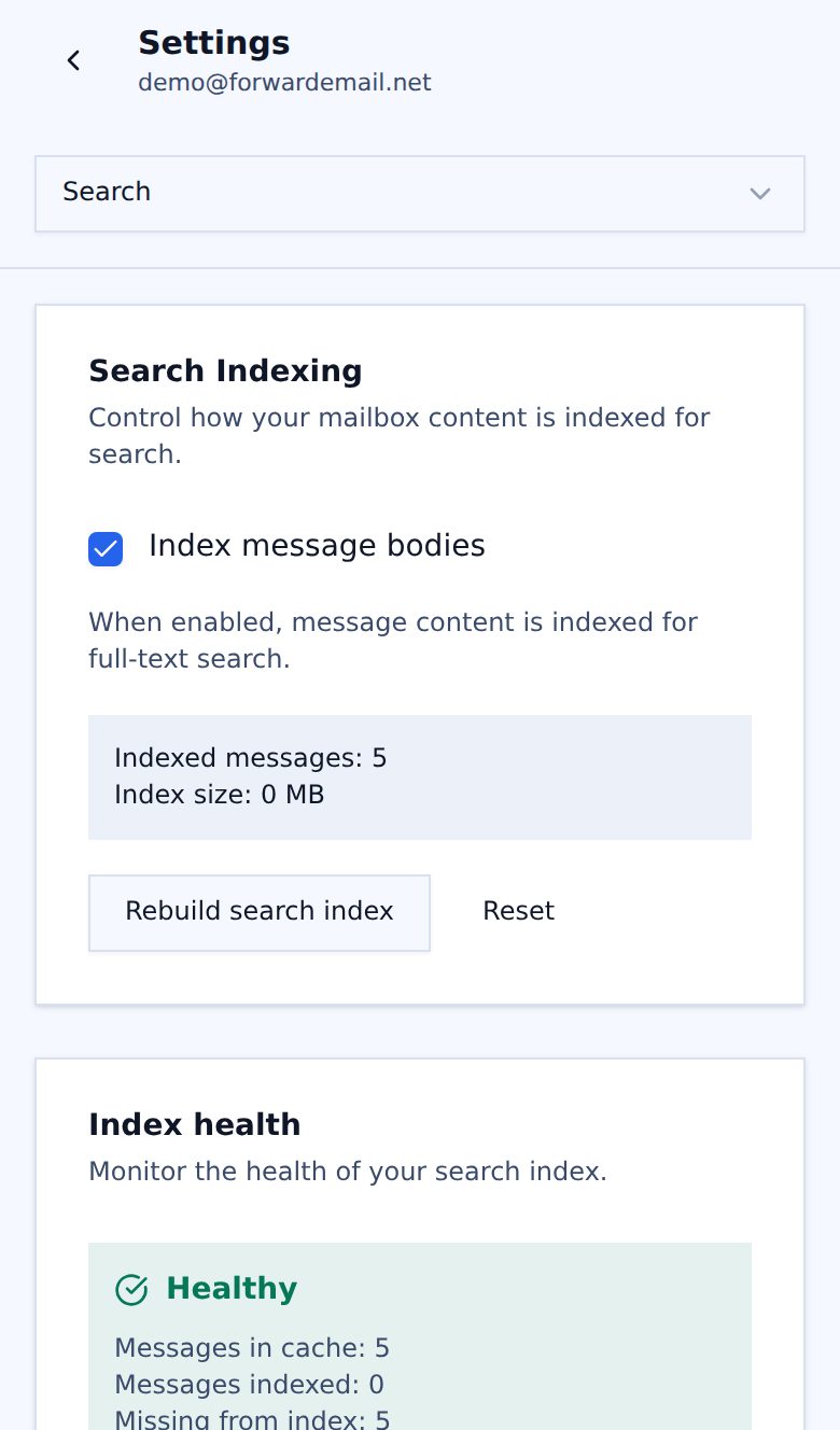 Light mode mobile search settings page