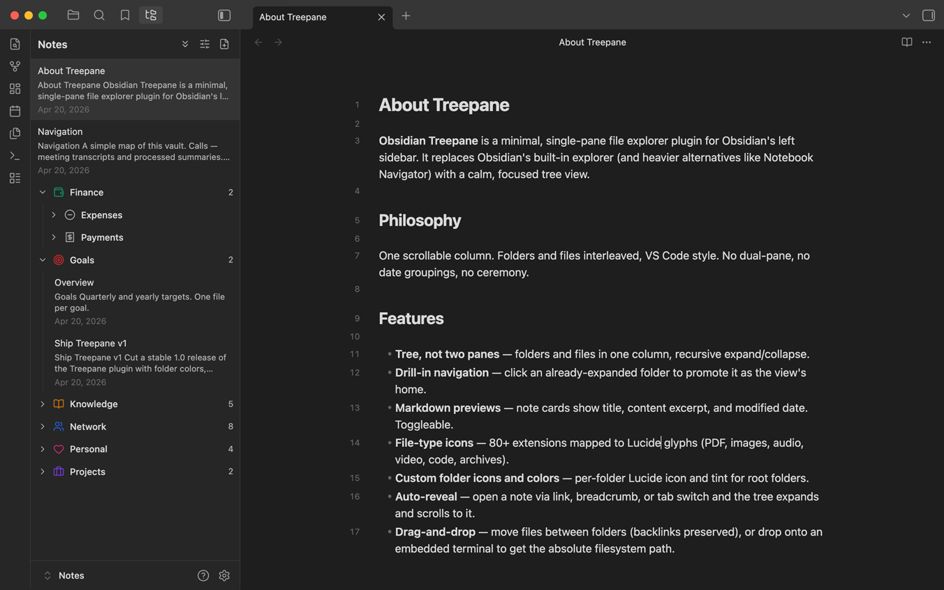 Obsidian Treepane in the left sidebar