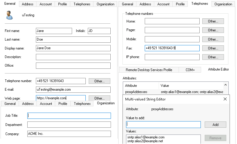 Image of Active Directory user properties displayed in a domain controllers GUI