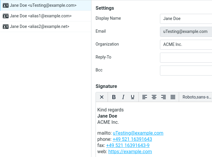 Image of resulting Roundcube user identities displayed in the web UI of the elastic skin