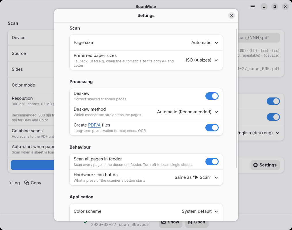 Screenshot: The ScanMole GUI's settings dialog, covering page size, deskew, PDF/A and feeder behavior