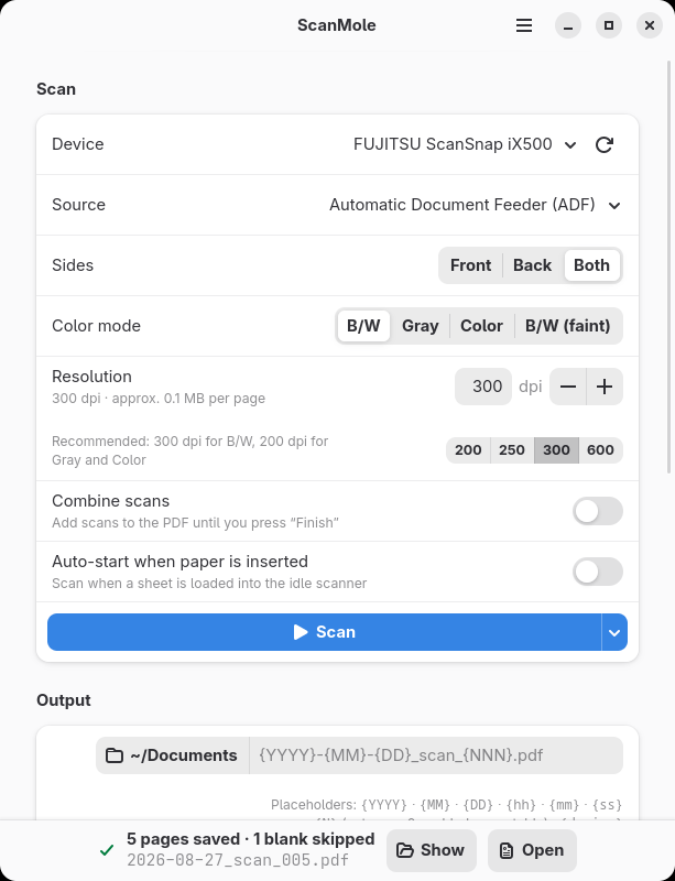 Screenshot: The ScanMole GUI's single-column layout in a narrow window
