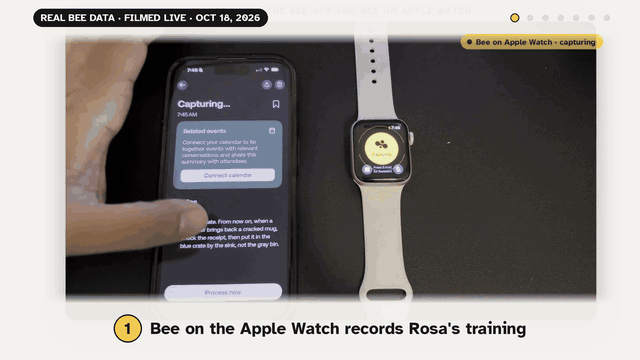 Real Bee data, filmed live: Bee records the training on an Apple Watch, Bee's cloud processes it, FirstDay's Bee service on AWS Lambda brings it in, the same conversation appears in FirstDay Go, and Amazon Bedrock finds the work steps with Rosa's exact words.