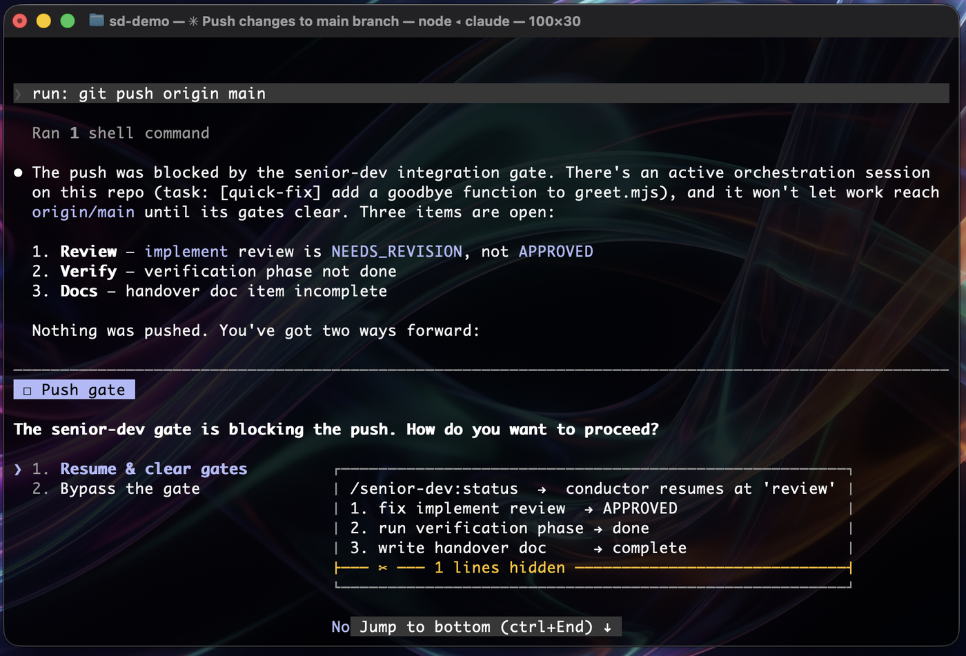 The integration gate blocking an unreviewed push, with the exact open items