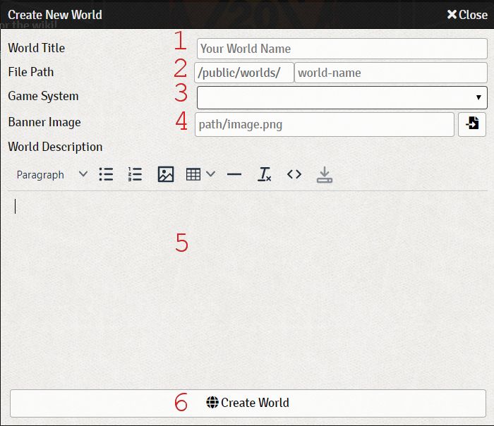 The world creation screen, with numbered steps for completion