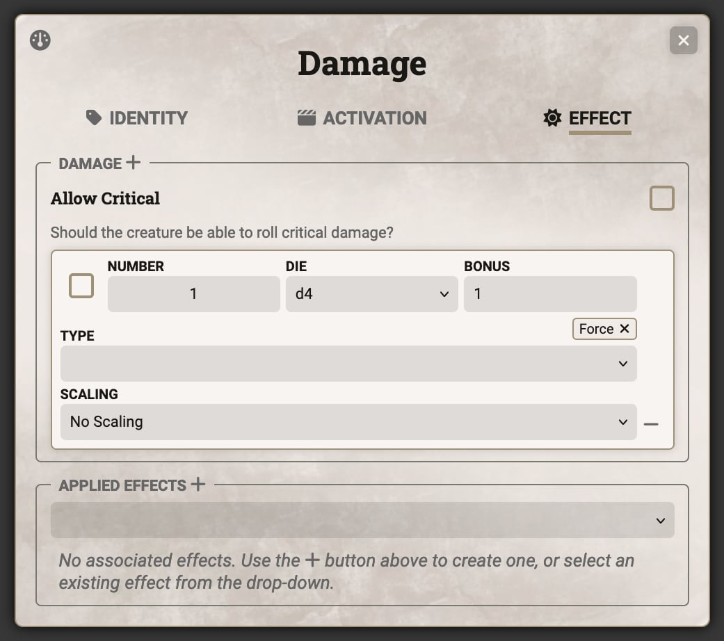 Damage Sheet - Effect Tab