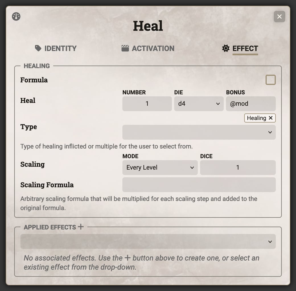 Heal Sheet - Effect Tab