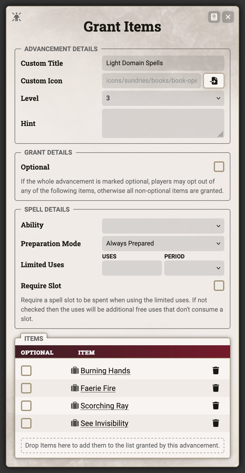 Grant Items Configuration