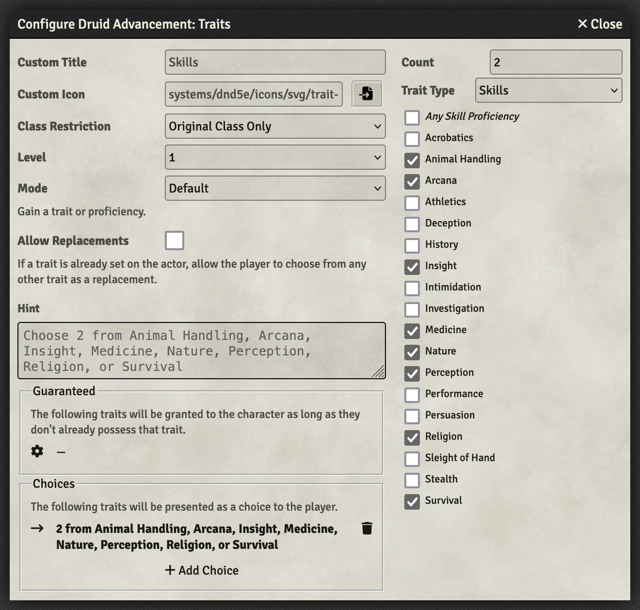 Choosing skill proficiencies from a set