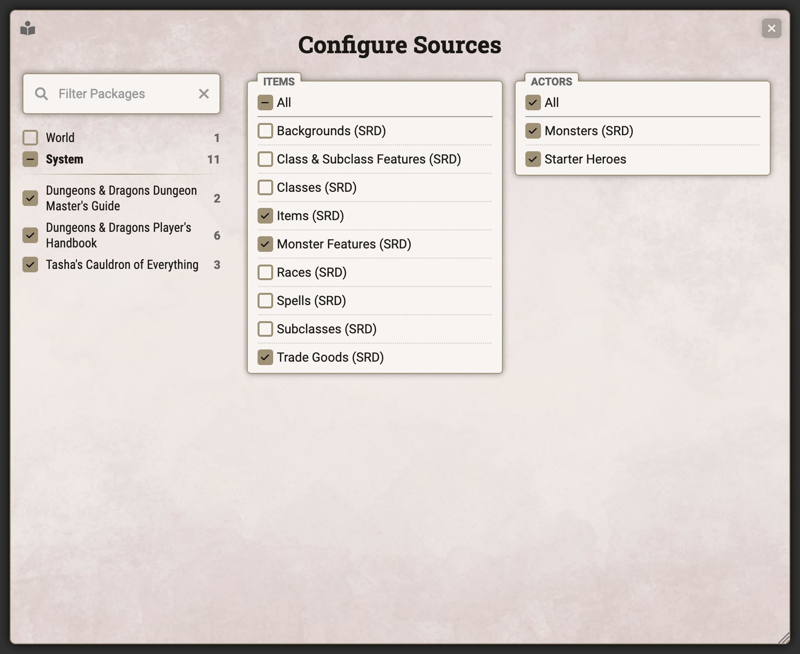 Compendium Browser - Configure Sources