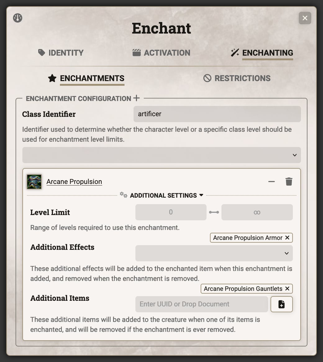 Enchant Sheet - Enchantments Tab, Additional Effects & Items