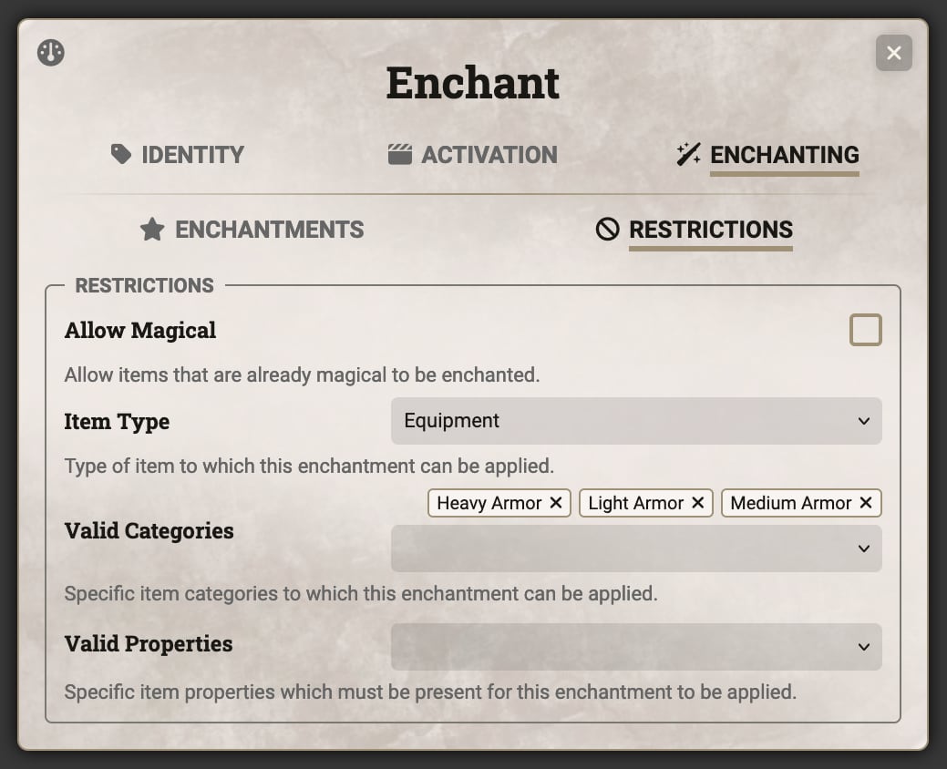 Enchant Sheet - Restrictions Tab