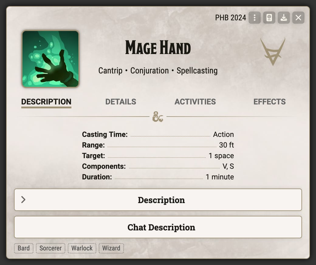 Mage Hand Class Spells