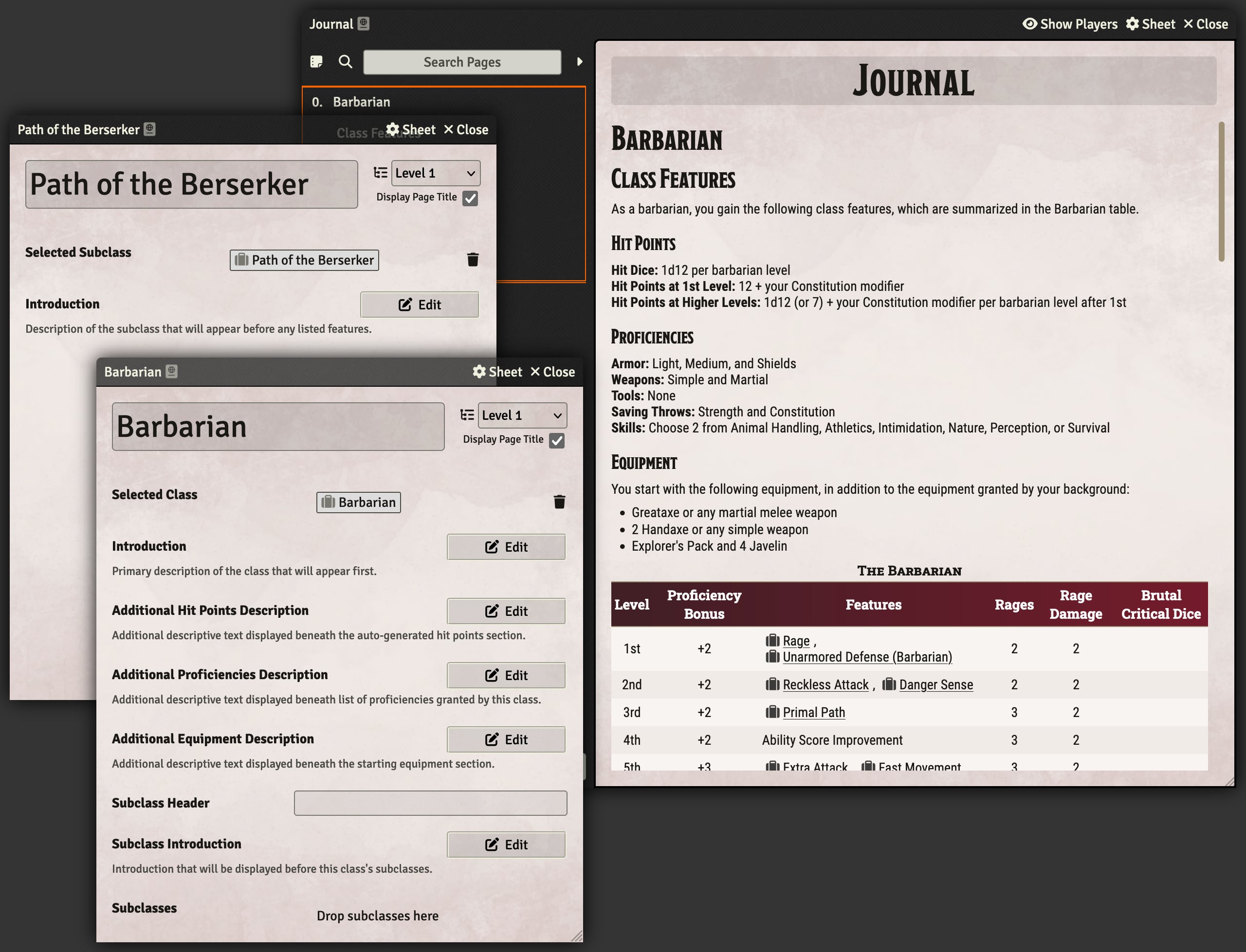 Class & Subclass Summary Pages