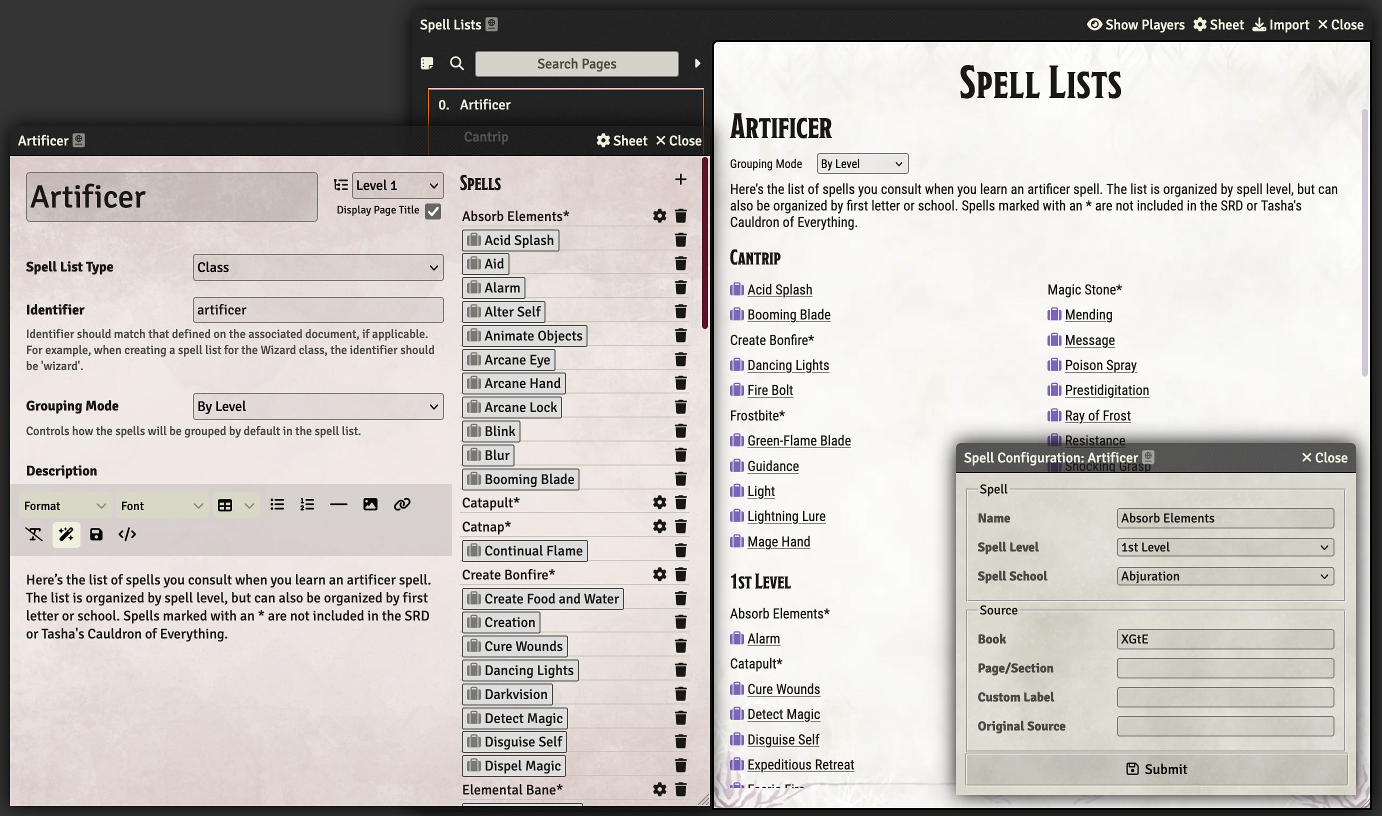 Spell List Page