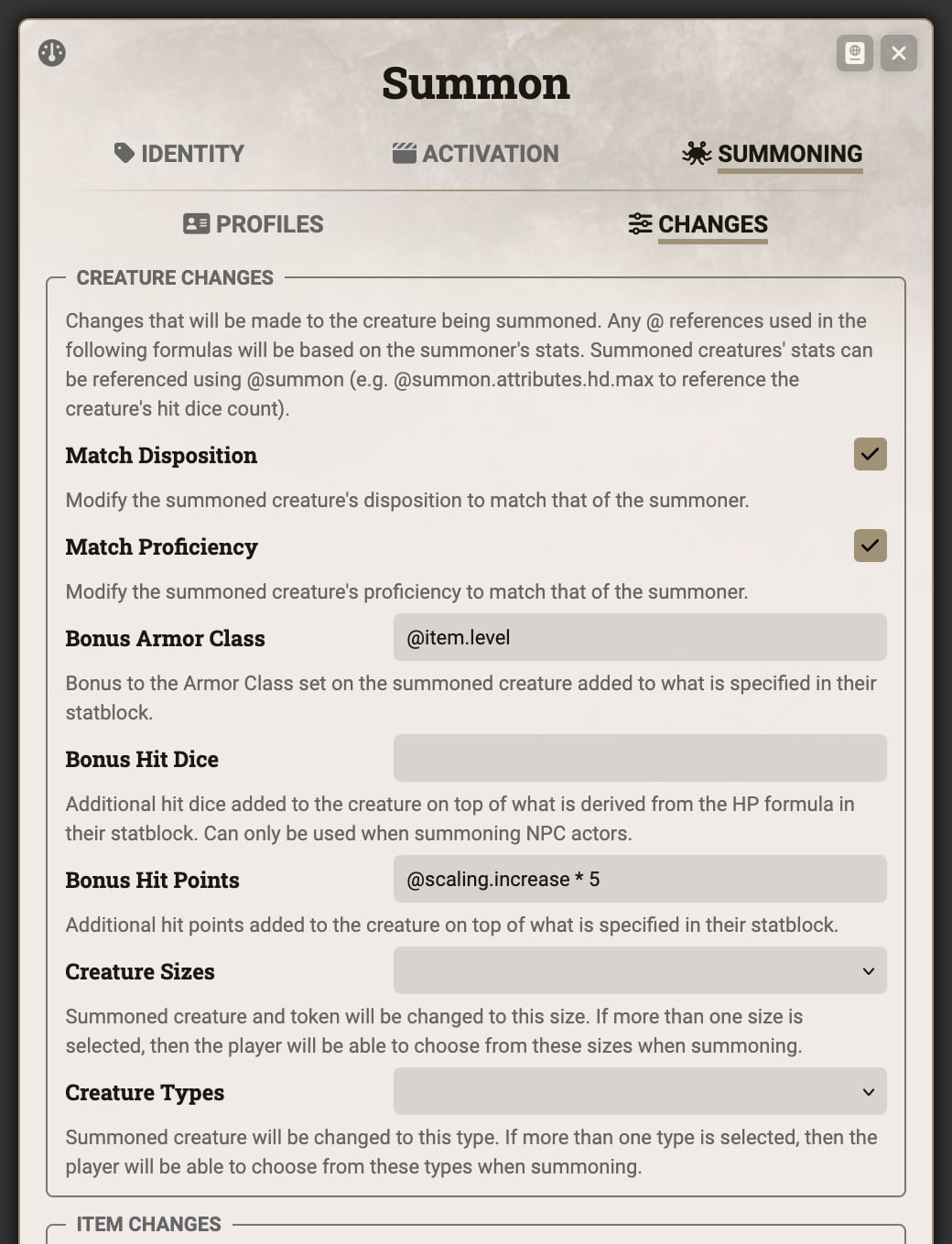 Summon Sheet - Changes Tab - Creature Changes