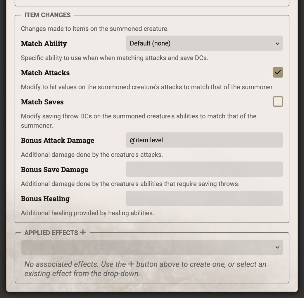 Summon Sheet - Changes Tab - Item Changes & Applied Effects