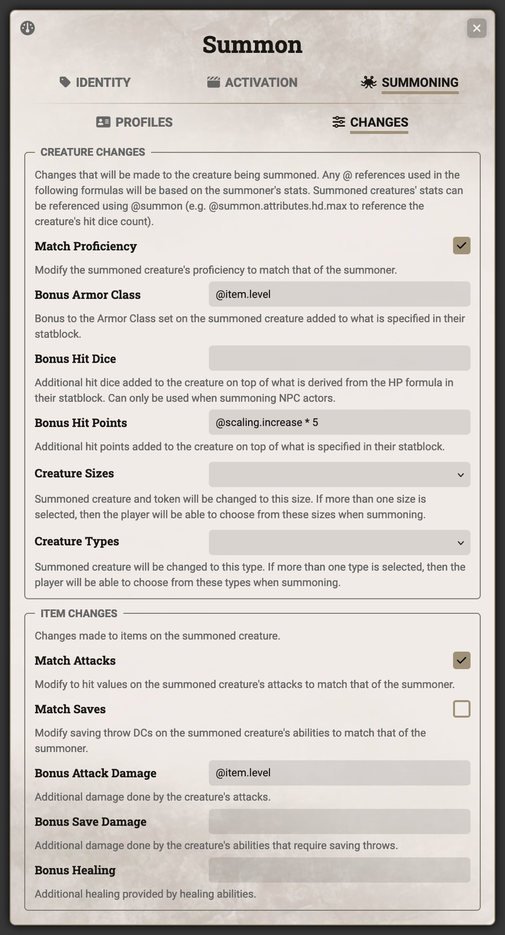 Summon Sheet - Changes Tab