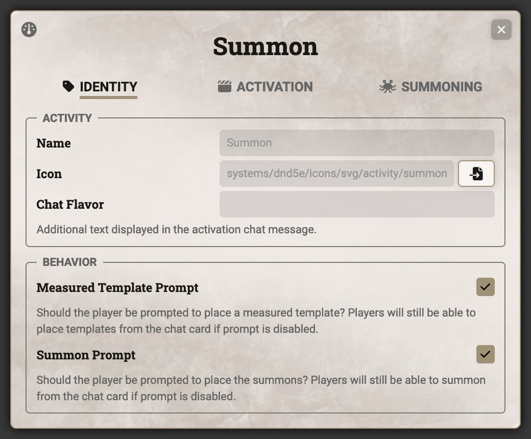 Summon Sheet - Identity Tab