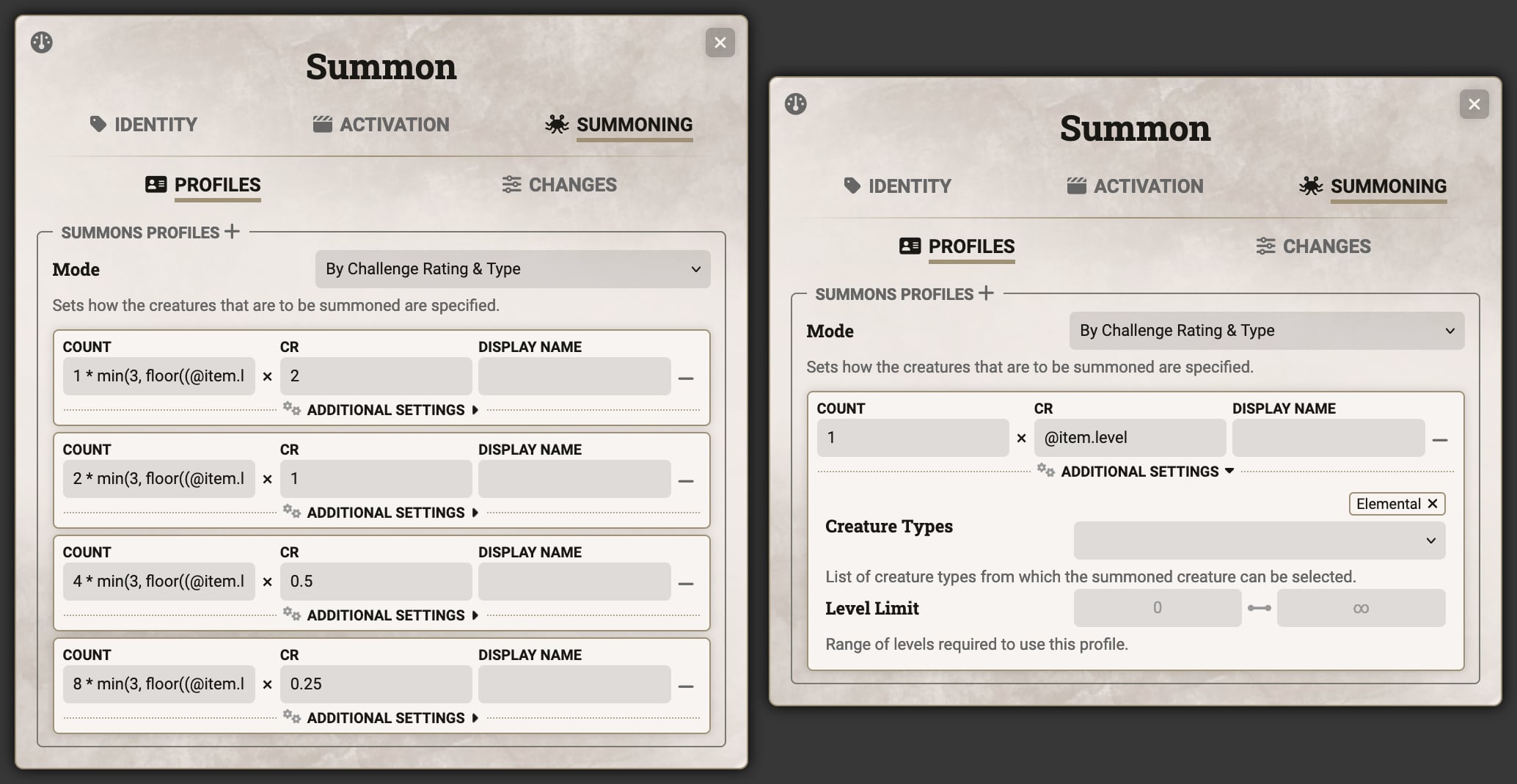 Summon Sheet - Profiles Tab, Challenge Rating & Type