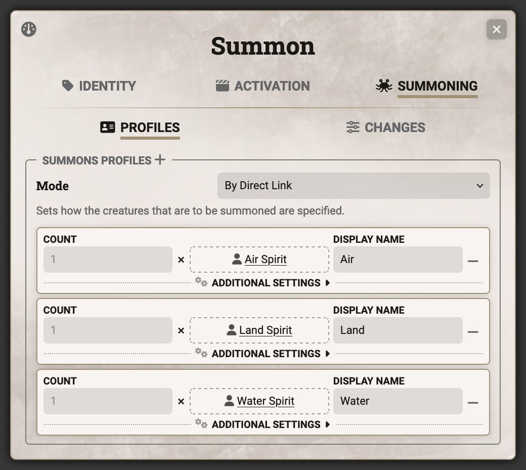 Summon Sheet - Profiles Tab, Direct Link