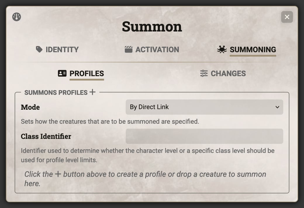 Summon Sheet - Profiles Tab, Empty