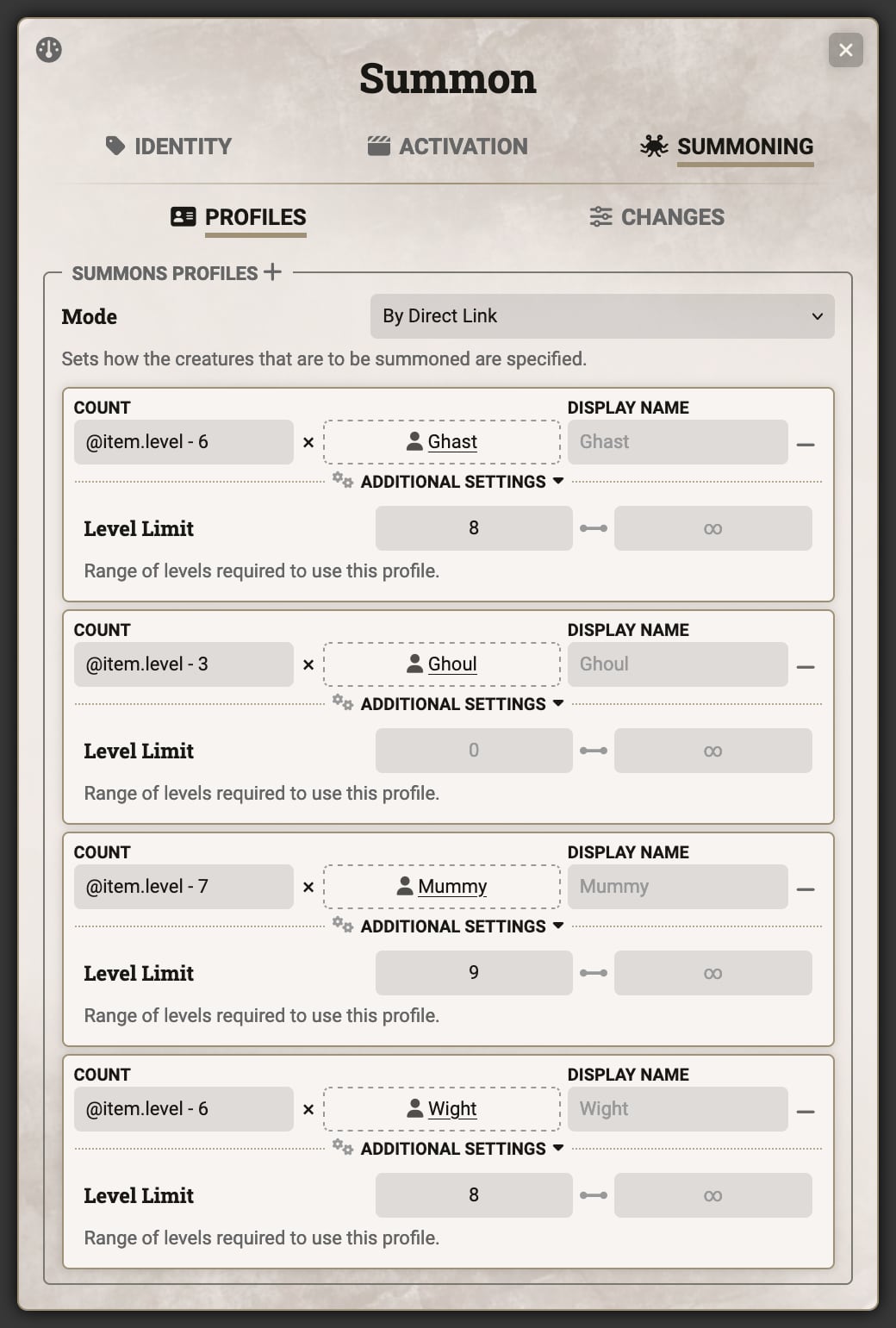 Summon Sheet - Profiles Tab, Level Limits