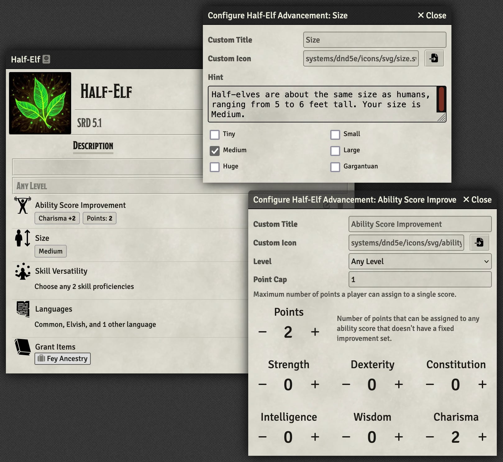 Configuring ability score increases and size