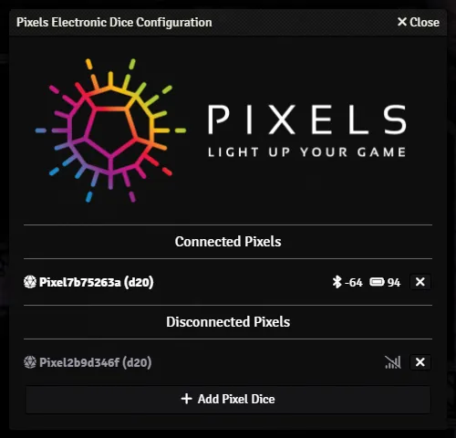 Pixels Electronic Dice Configuration