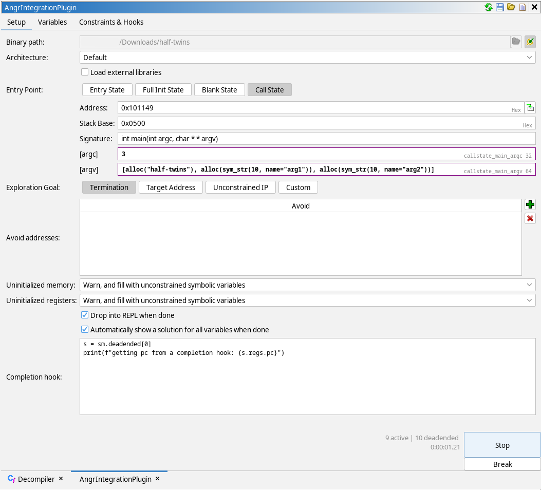 The base window of the AngrIntegration plugin