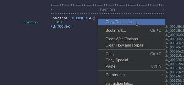 The context menu in a Ghidra code listing containing the new Copy Deep Link item